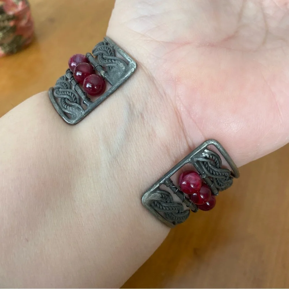 Silver Colored and Red Beaded Adjustable intricate Cuff Bracelet